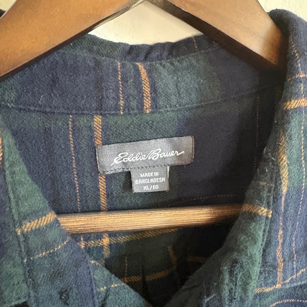 Eddie Bauer 100% Cotton Flannel Shirt - Navy, Green & Gold Plaid, Size XL - Picture 5 of 8